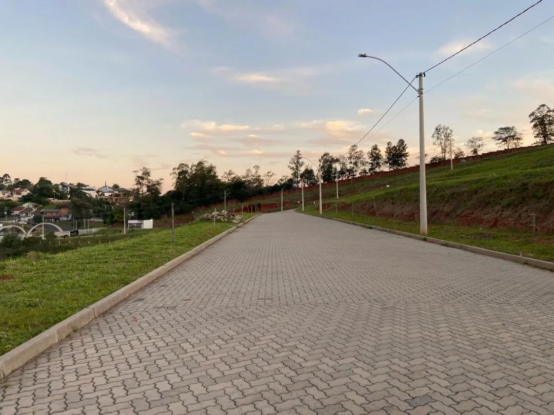 Rua de paver com meio-fio, gramado nos dois lados e postes de iluminação