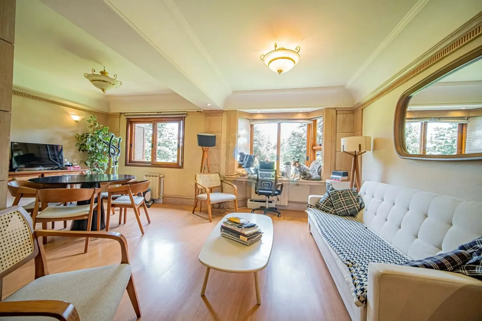 Sala com home office e janelas para o verde