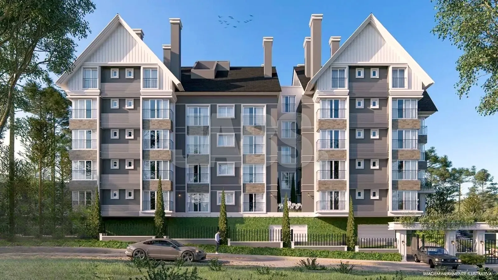 Fachada do prédio em estilo serrano, com telhados pontudos, chaminés e jardim na frente