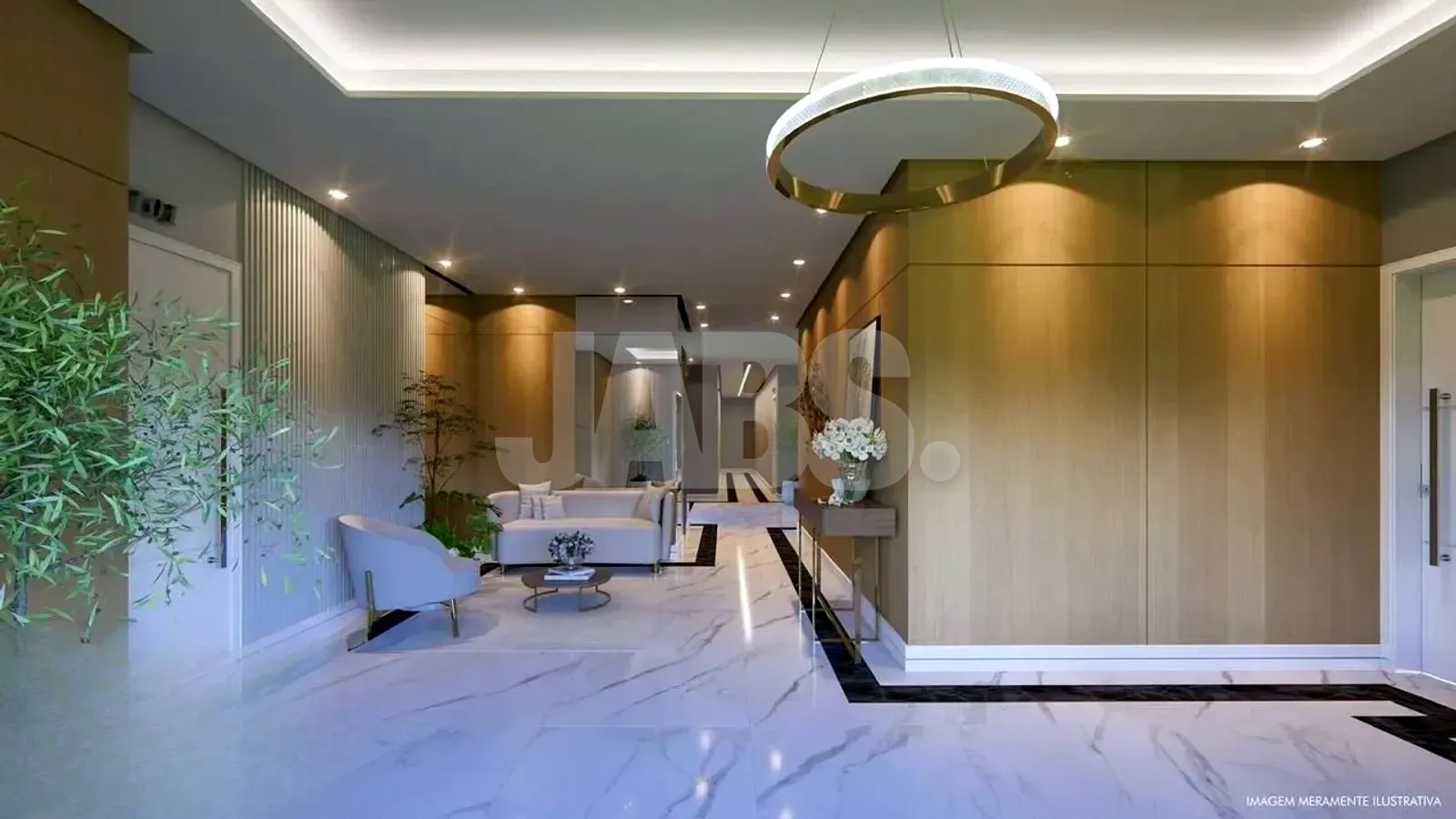 Hall de entrada com piso de mármore, painéis de madeira e luminária circular