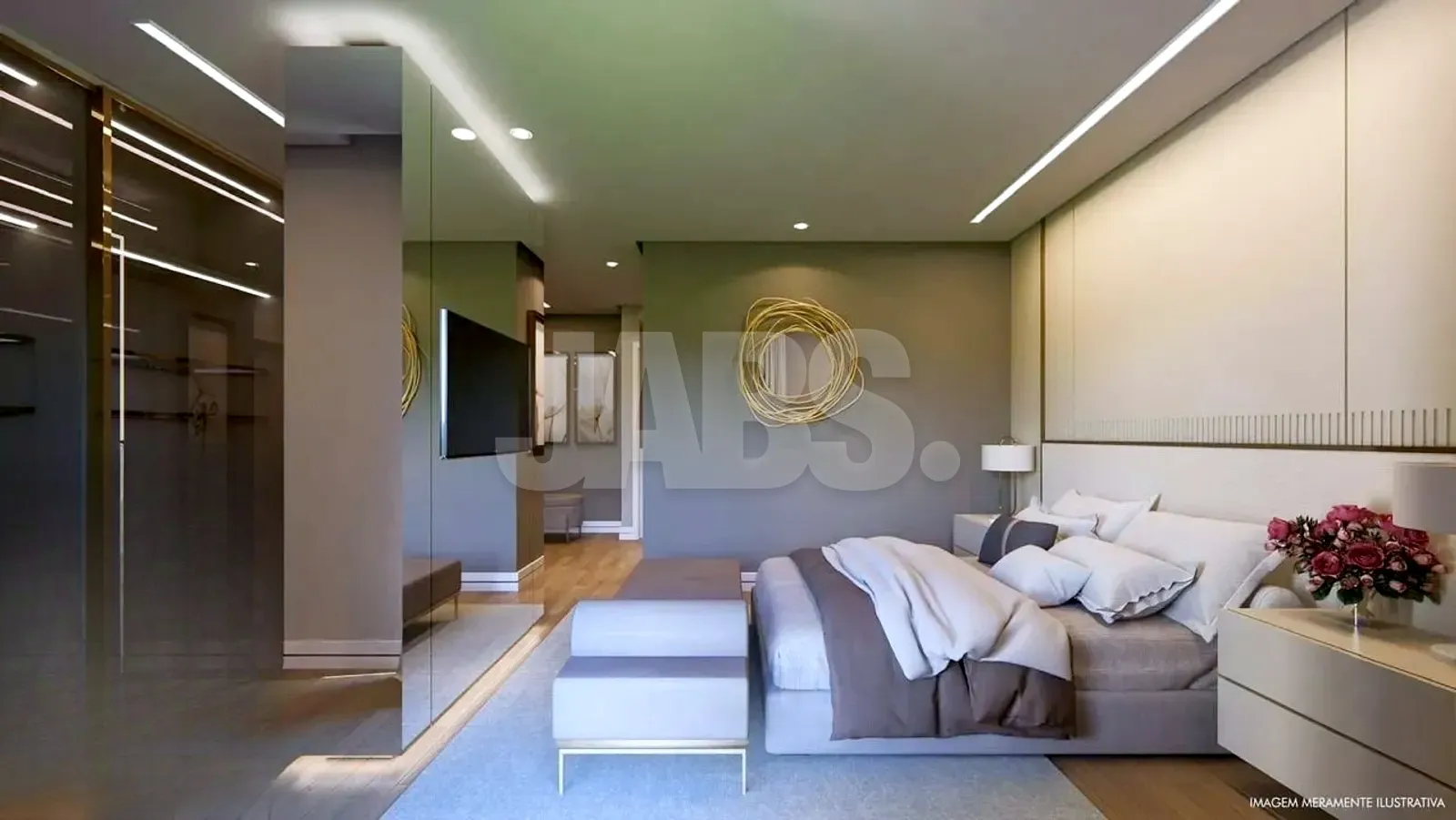 Suíte com cama de casal, espelho dourado, armário espelhado e TV