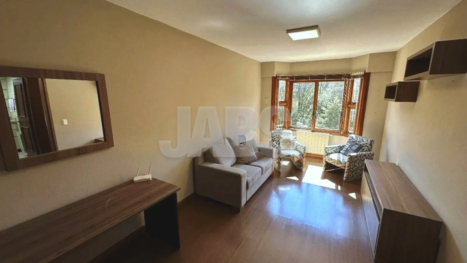 Sala de estar com espelho e móvel de madeira