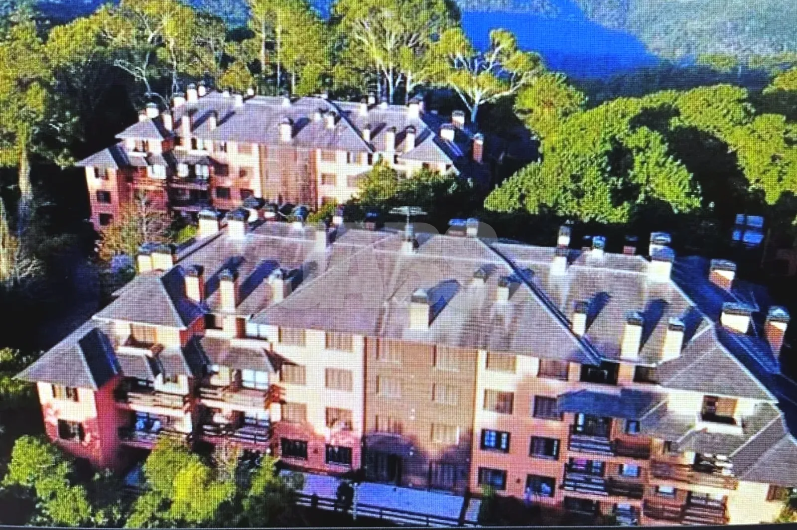 Vista aérea do condomínio Knorrville cercado de mata em Gramado