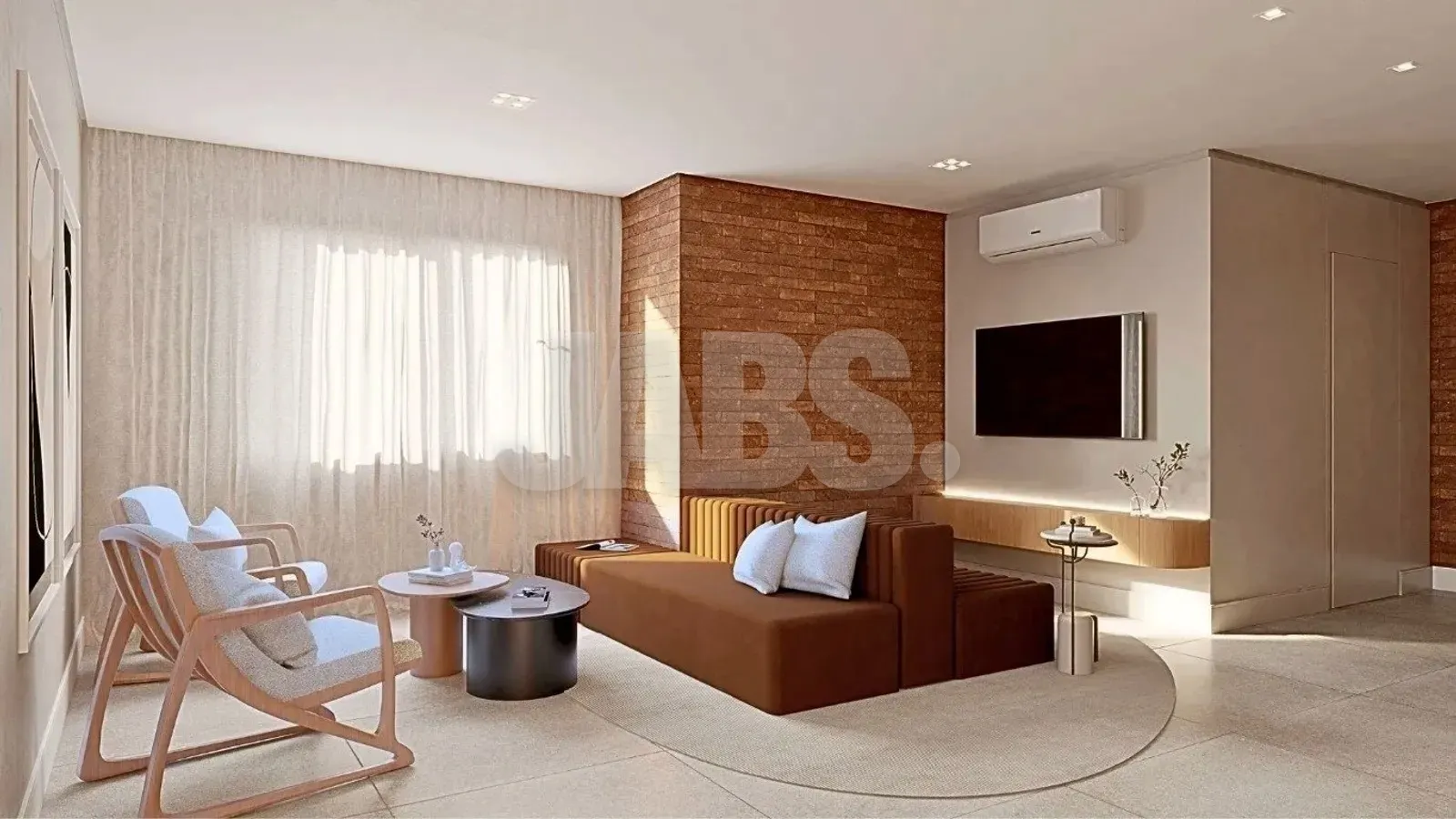 Living com sofá terracota, poltrona de madeira, cortinas claras e parede de tijolo à vista